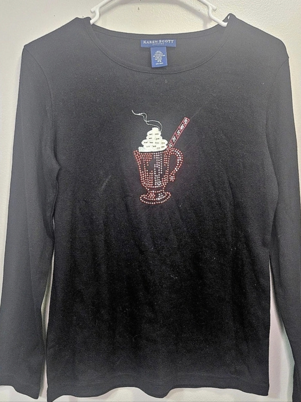 Karen Scott Long Sleeve Embellished Tee in Black Size Small